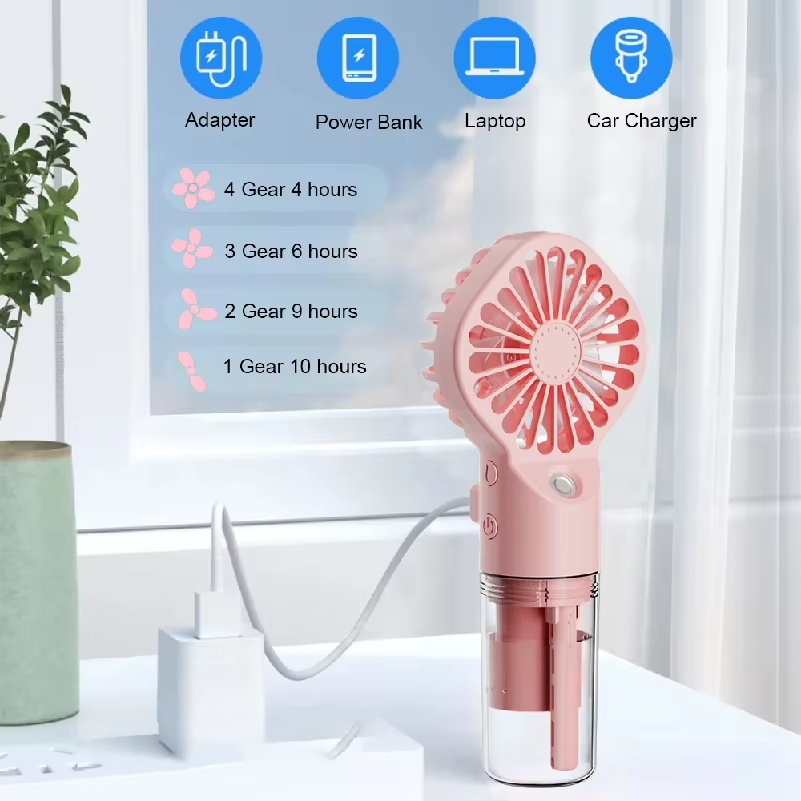 Skincare Only You - 4段階風量調節、水スプレーミスト機能付きハンドファン、USB充電式ミニスキンケア加湿器、強力冷却風、ポータブルポケットファン